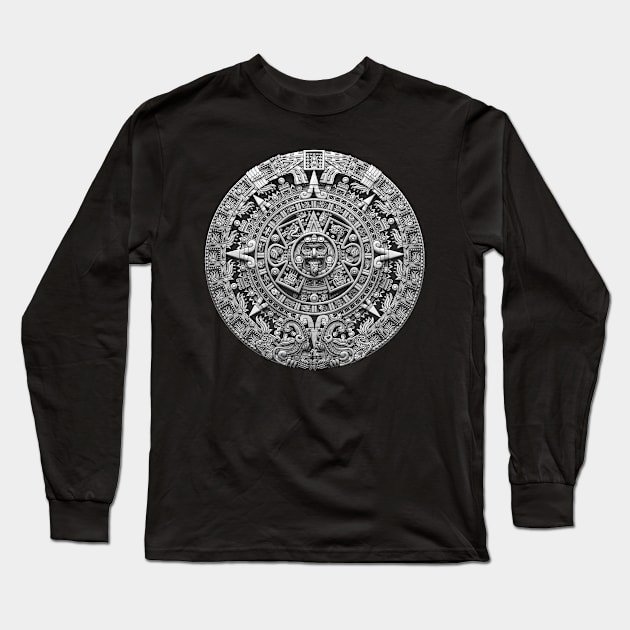 Aztec Sun Stone Calendar Greyscale Long Sleeve T-Shirt by Ninjangulo